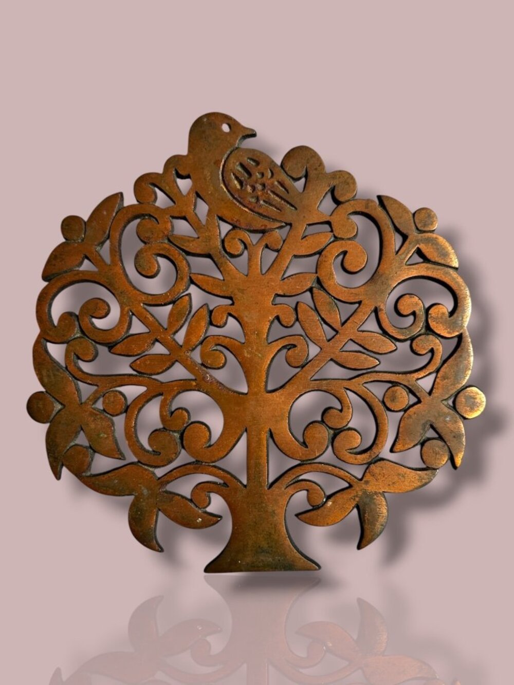 Cast Iron Copper Tree Of Life Trivet Wall Art With Bird Motif - Intricate Design